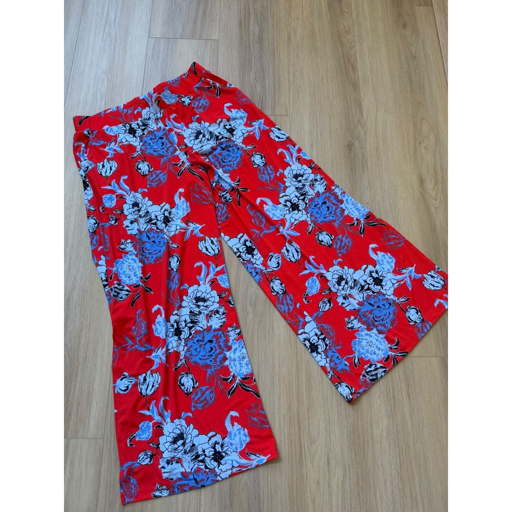 Floral Wide Leg Palazzo Pants Red Blue Botanical Print High Waist Flowy Trousers